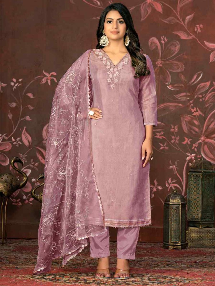 Purple Organza Jacquard Embroidered Casual Festival Pant Salwar Kameez