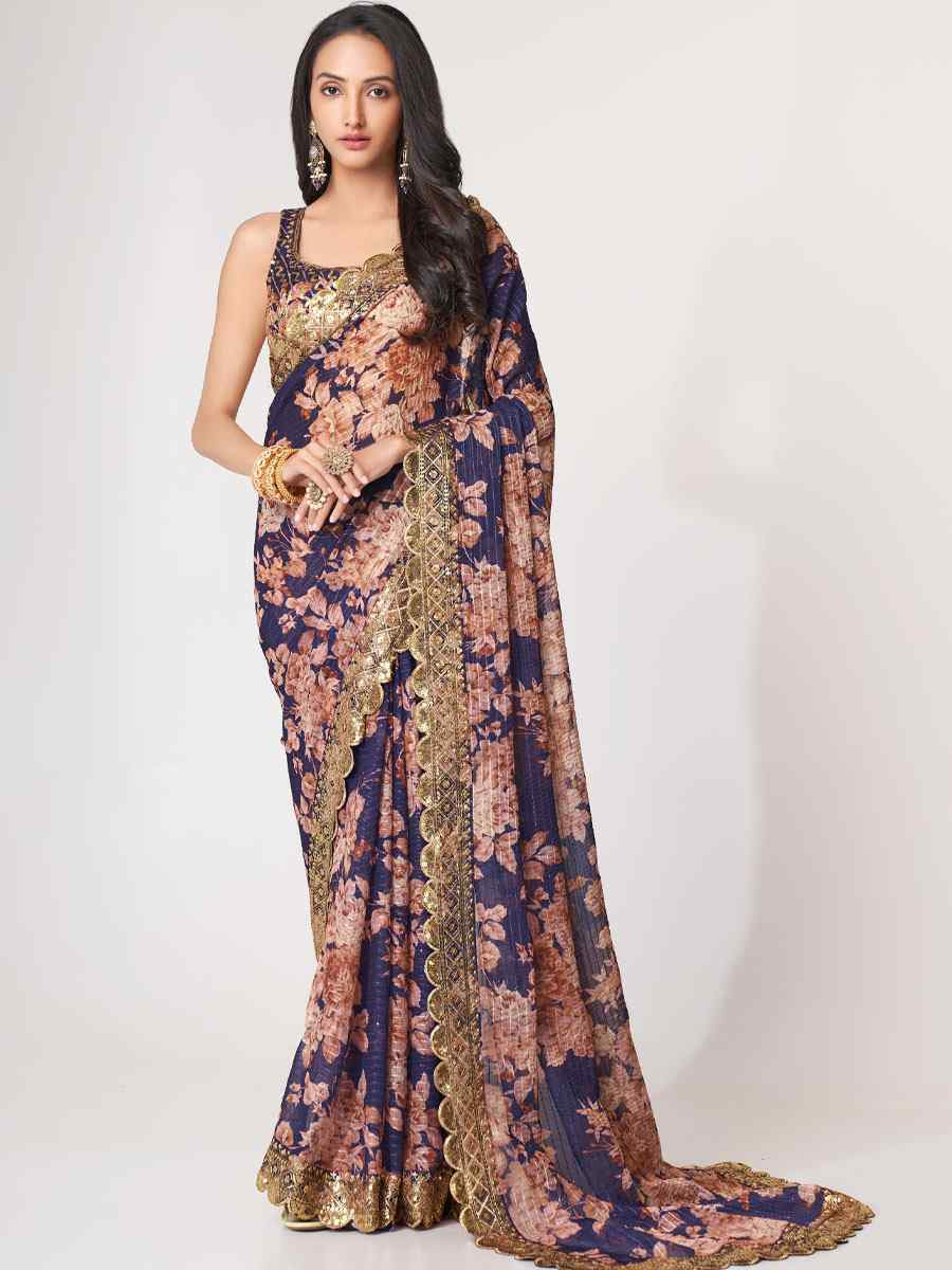 Purple Organza Printed Embroidery Festival Wedding Fancy Heavy Border Saree