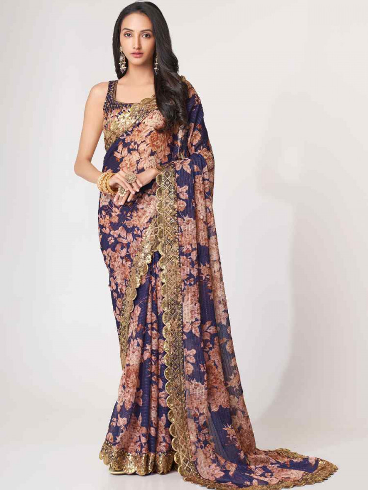 Image of Purple Organza Printed Embroidery Festival Wedding Fancy Heavy Border Saree