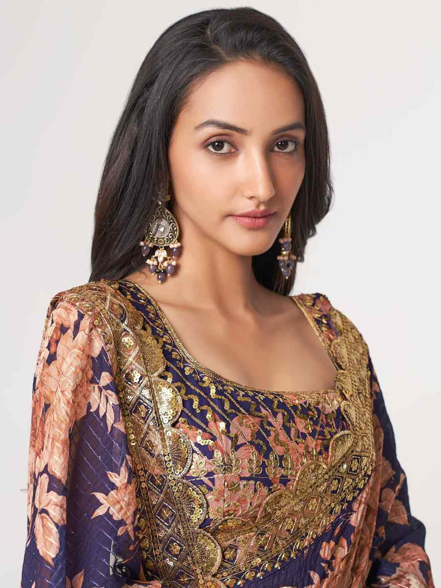 Purple Organza Printed Embroidery Festival Wedding Fancy Heavy Border Saree