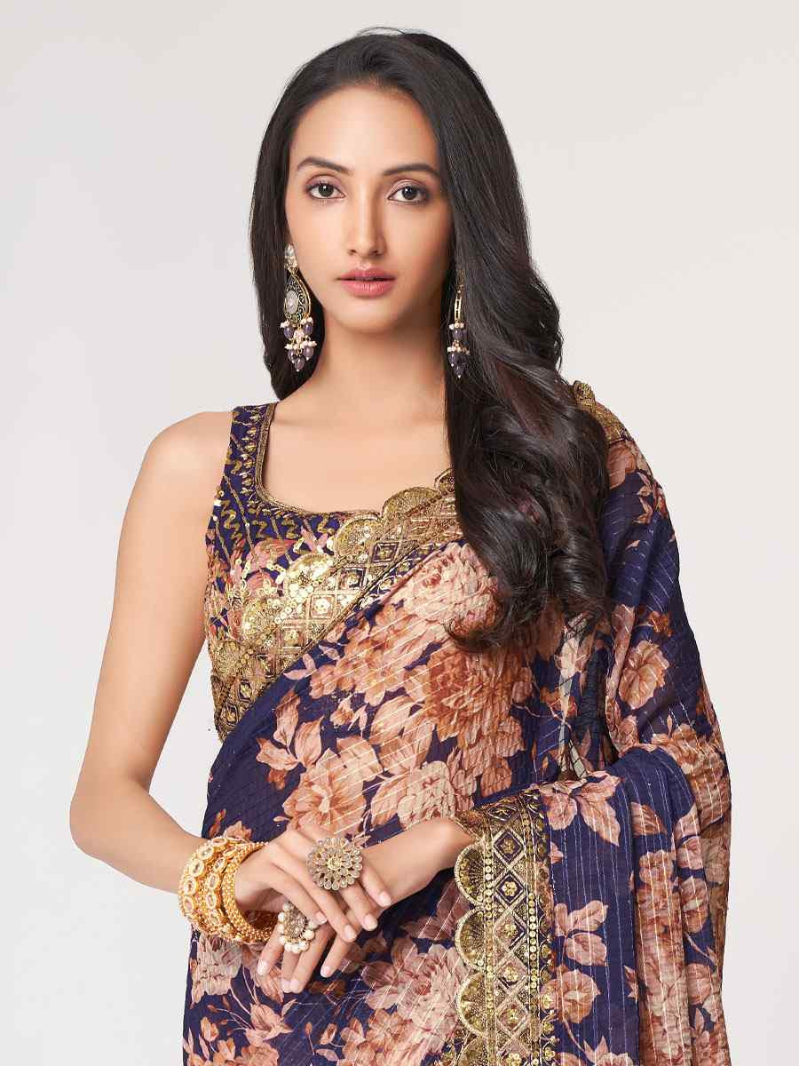 Purple Organza Printed Embroidery Festival Wedding Fancy Heavy Border Saree