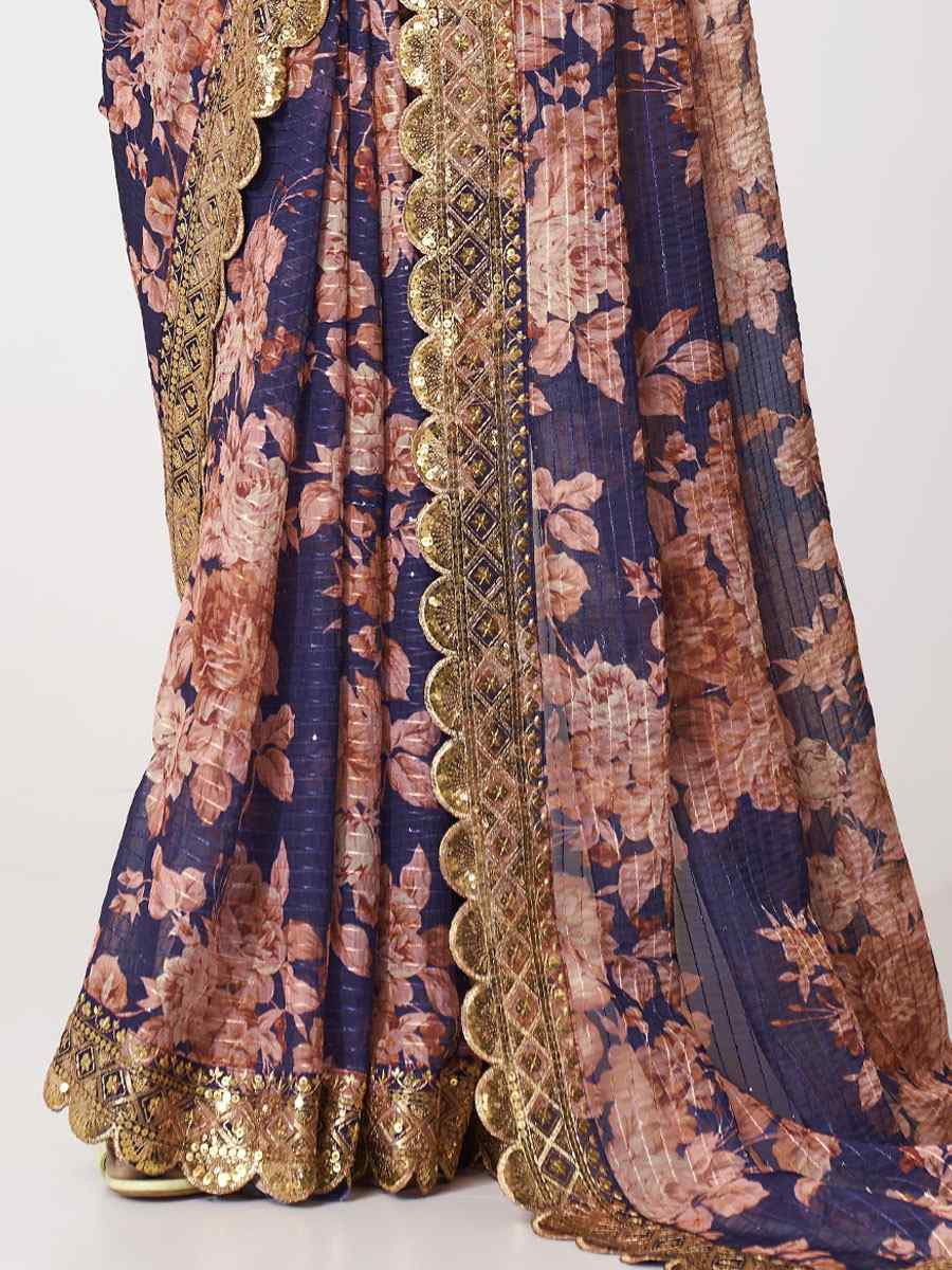 Purple Organza Printed Embroidery Festival Wedding Fancy Heavy Border Saree