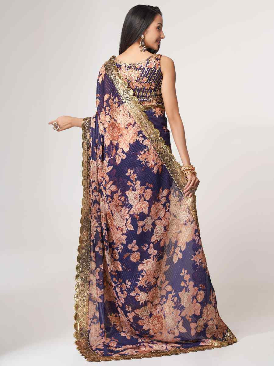 Purple Organza Printed Embroidery Festival Wedding Fancy Heavy Border Saree