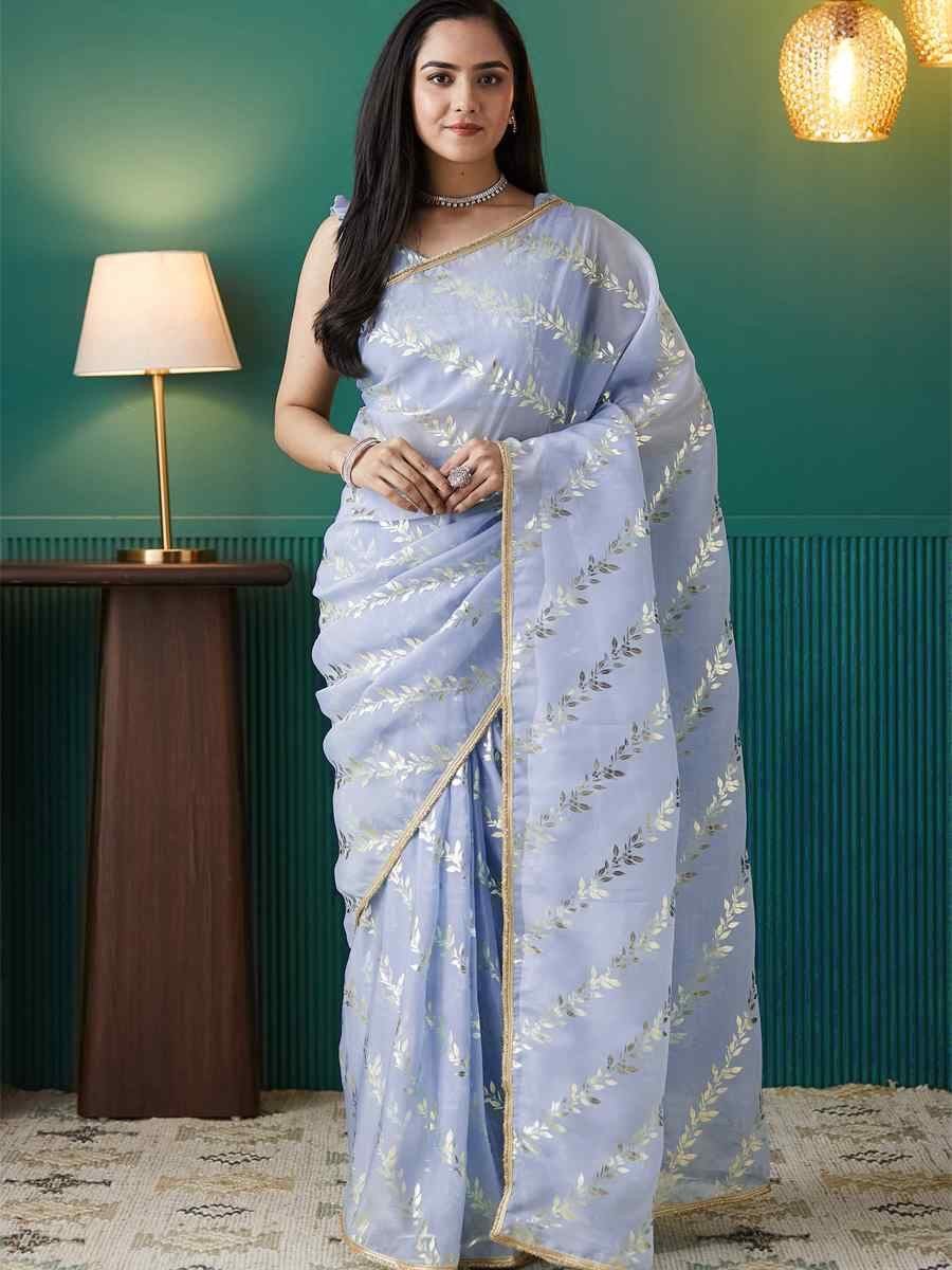 Purple Organza Printed Party Reception Festival Wedding Fancy Classic Style Sarees