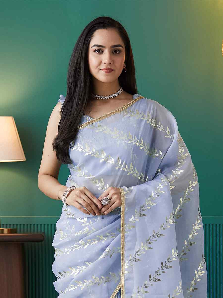 Purple Organza Printed Party Reception Festival Wedding Fancy Classic Style Sarees