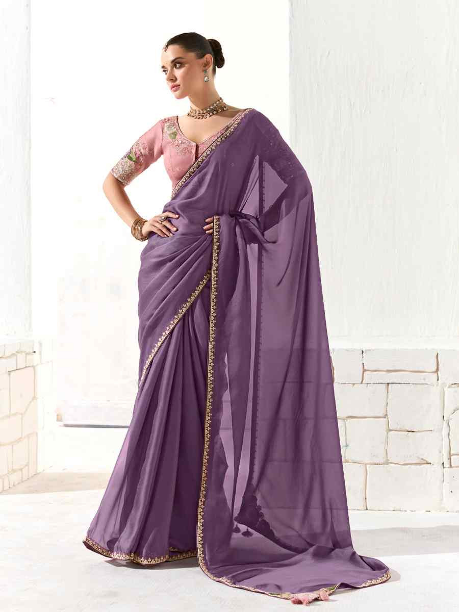 Purple Organza Tissue Embroidered Festival Wedding Fancy Heavy Border Saree