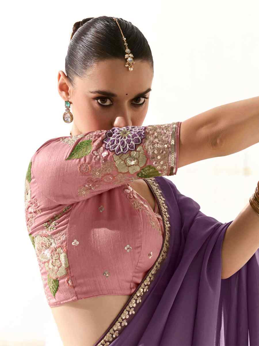 Purple Organza Tissue Embroidered Festival Wedding Fancy Heavy Border Saree