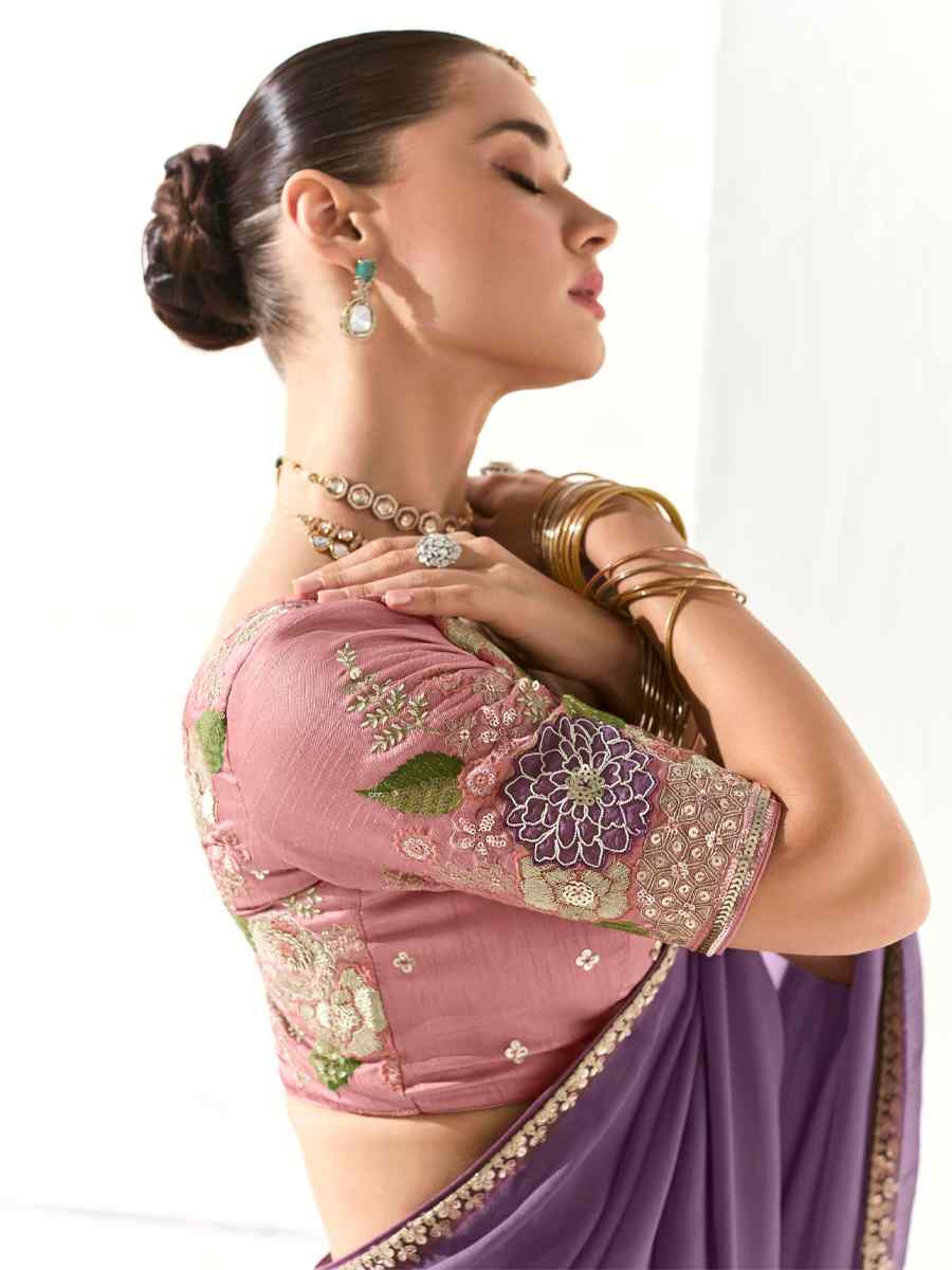 Purple Organza Tissue Embroidered Festival Wedding Fancy Heavy Border Saree