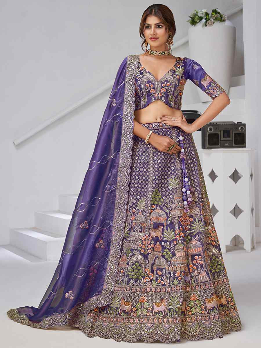 Purple Organza Tissue Embroidered Wedding Reception Festival Heavy Border Lehenga Choli