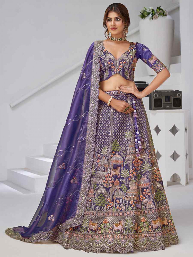 Image of Purple Organza Tissue Embroidered Wedding Reception Festival Heavy Border Lehenga Choli