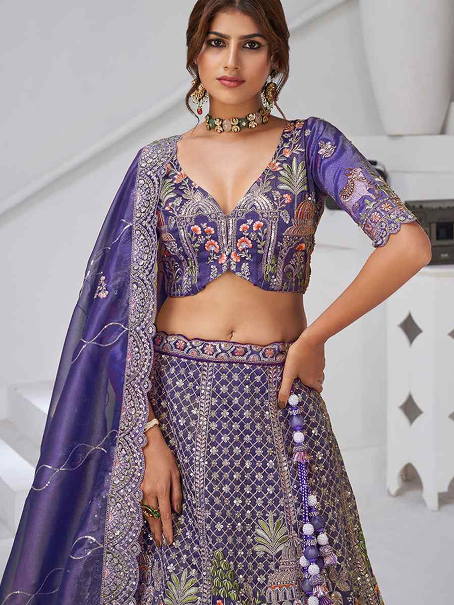 Purple Organza Tissue Embroidered Wedding Reception Festival Heavy Border Lehenga Choli