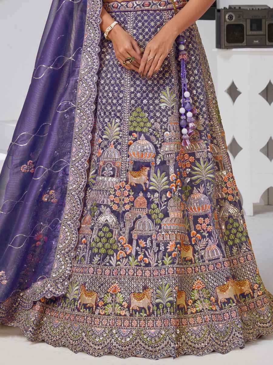 Purple Organza Tissue Embroidered Wedding Reception Festival Heavy Border Lehenga Choli