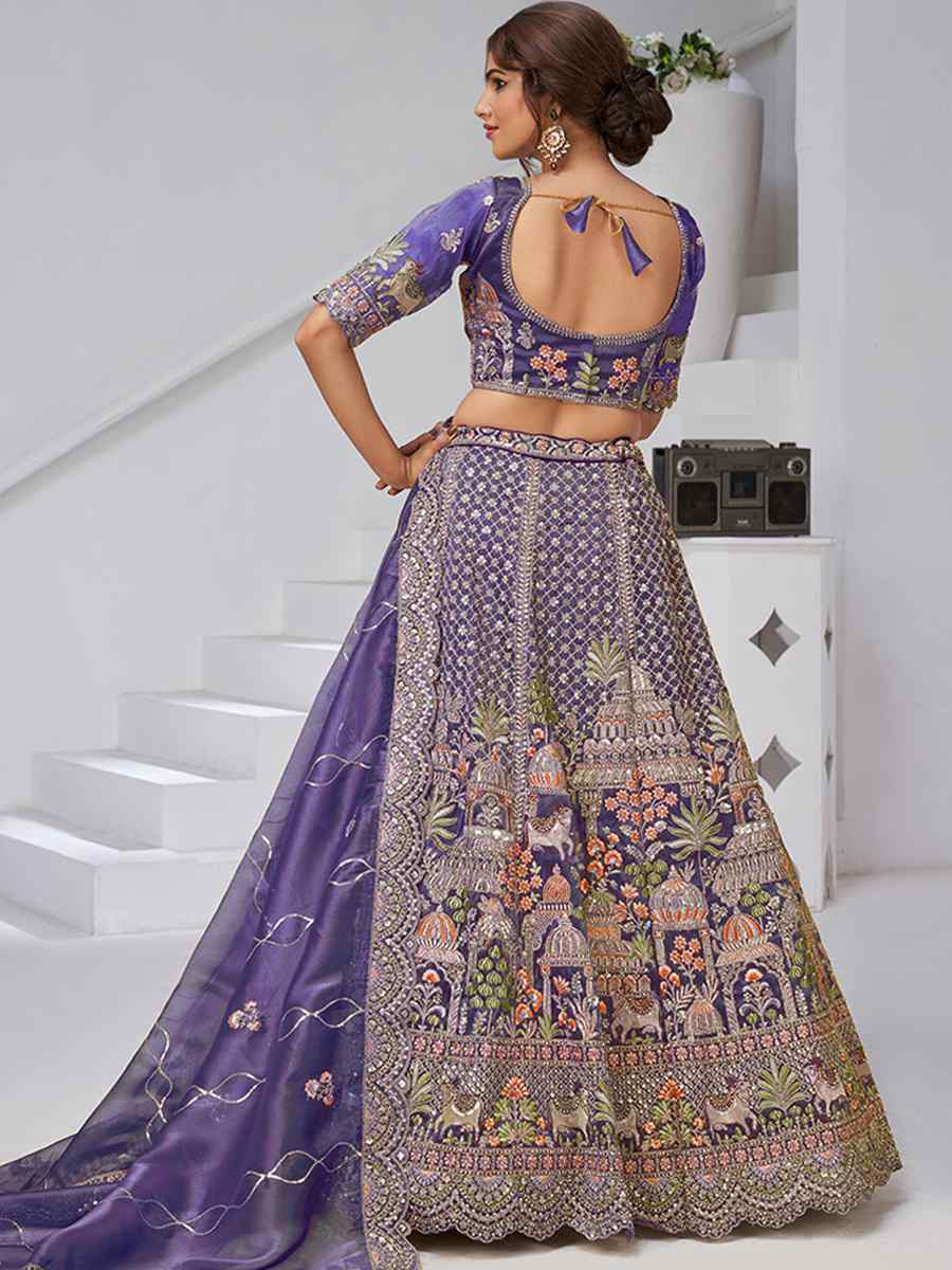 Purple Organza Tissue Embroidered Wedding Reception Festival Heavy Border Lehenga Choli