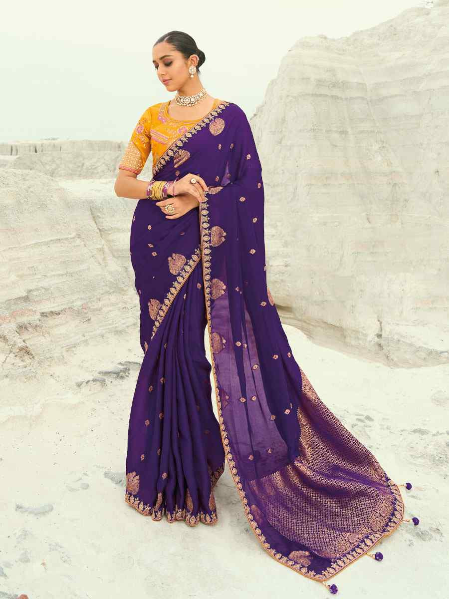 Purple Organza Viscose Embroidery Bridal Reception Festival Wedding Fancy Heavy Border Saree