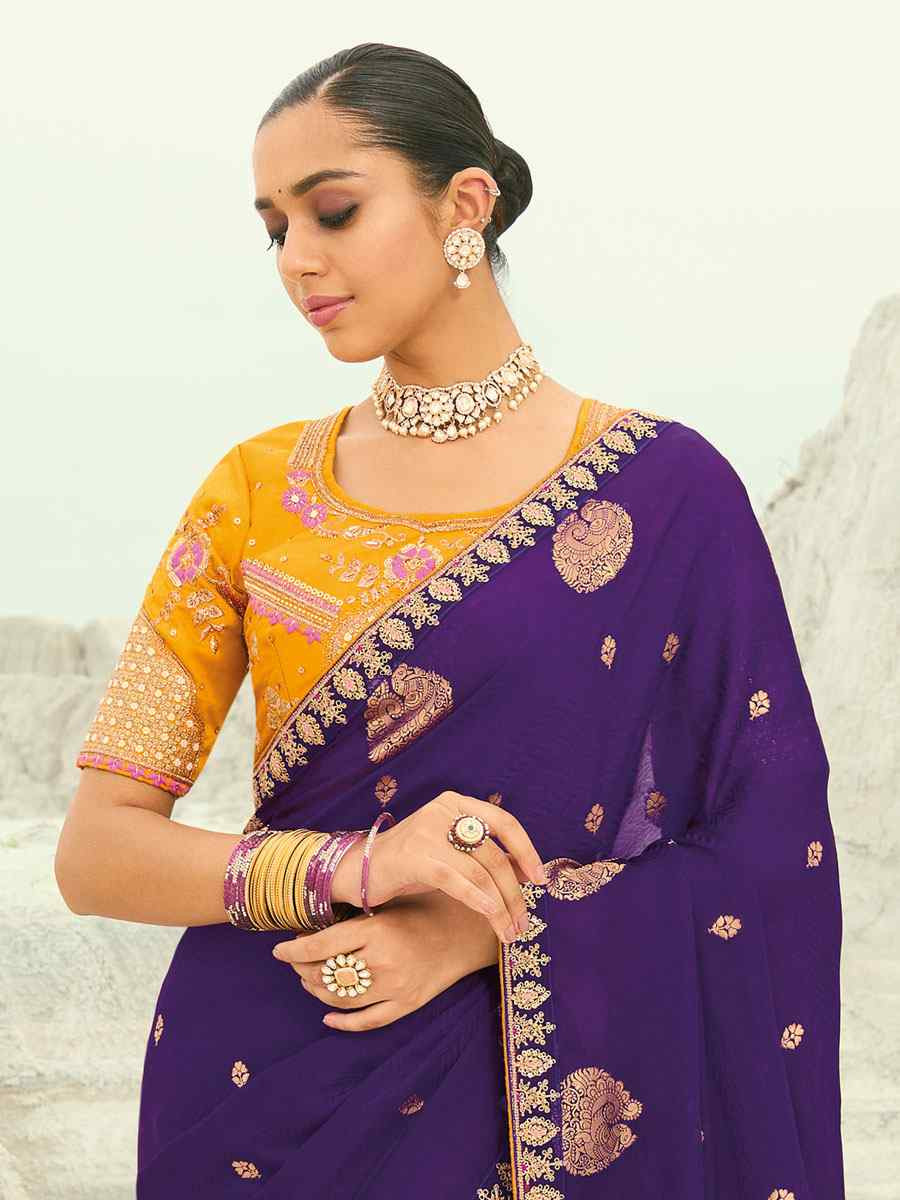 Purple Organza Viscose Embroidery Bridal Reception Festival Wedding Fancy Heavy Border Saree