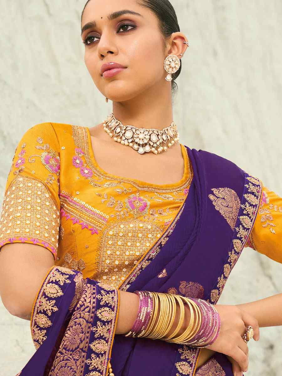 Purple Organza Viscose Embroidery Bridal Reception Festival Wedding Fancy Heavy Border Saree