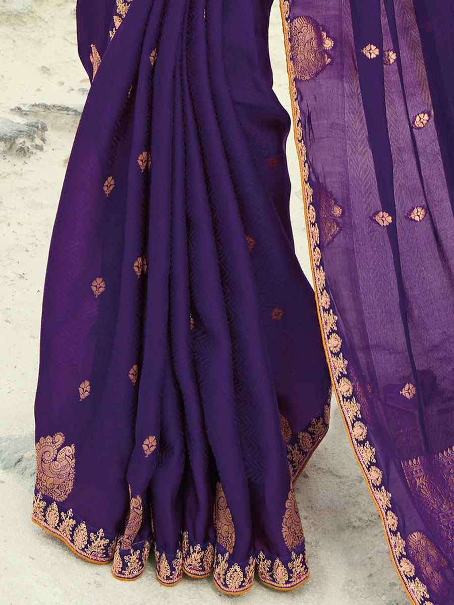 Purple Organza Viscose Embroidery Bridal Reception Festival Wedding Fancy Heavy Border Saree