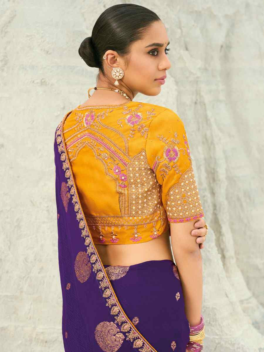 Purple Organza Viscose Embroidery Bridal Reception Festival Wedding Fancy Heavy Border Saree