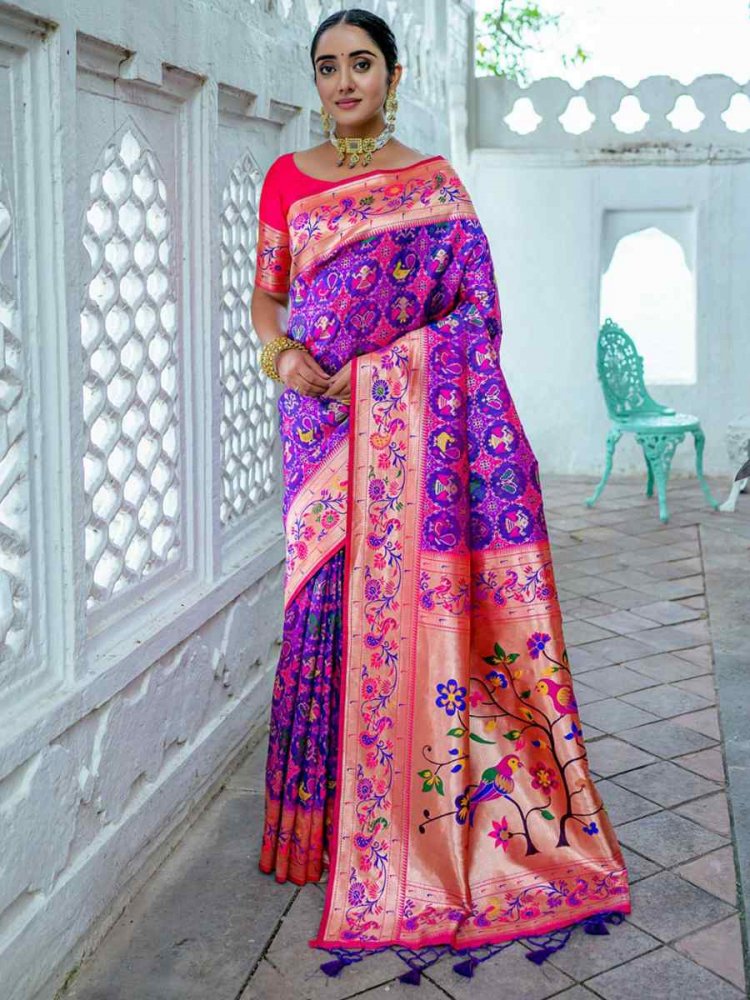 Purple Paithani Silk Handwoven Wedding Festival Heavy Border Saree