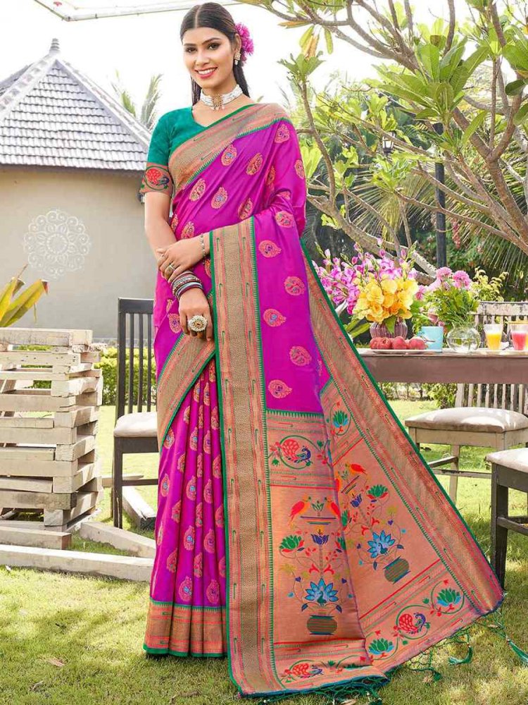 Dark Pink Handwooven Mulberry Silk Paithani Saree - TheSareeStory