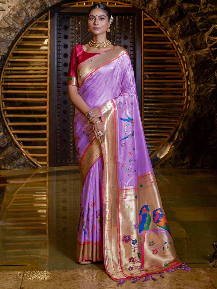 Purple Paithani Silk Handwoven Wedding Festival Heavy Border Saree