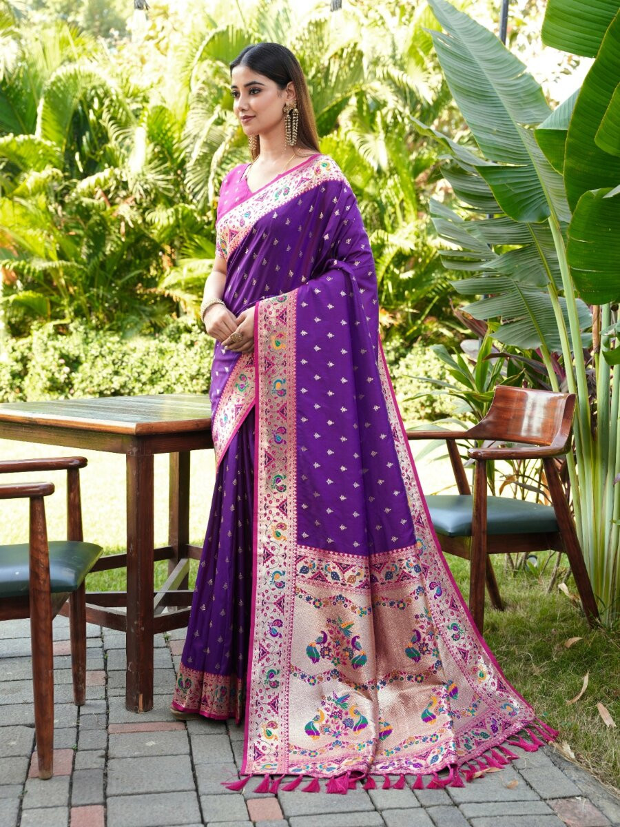 Purple Paithani Soft Silk Zari Woven Meenakari Peacock Paithani Pallu Wedding Reception Party Festival Casual Heavy Border Sarees