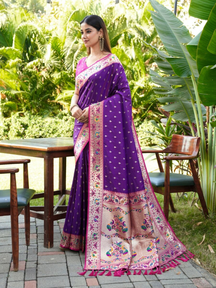 Image of Purple Paithani Soft Silk Zari Woven Meenakari Peacock Paithani Pallu Wedding Reception Party Festival Casual Heavy Border Sarees