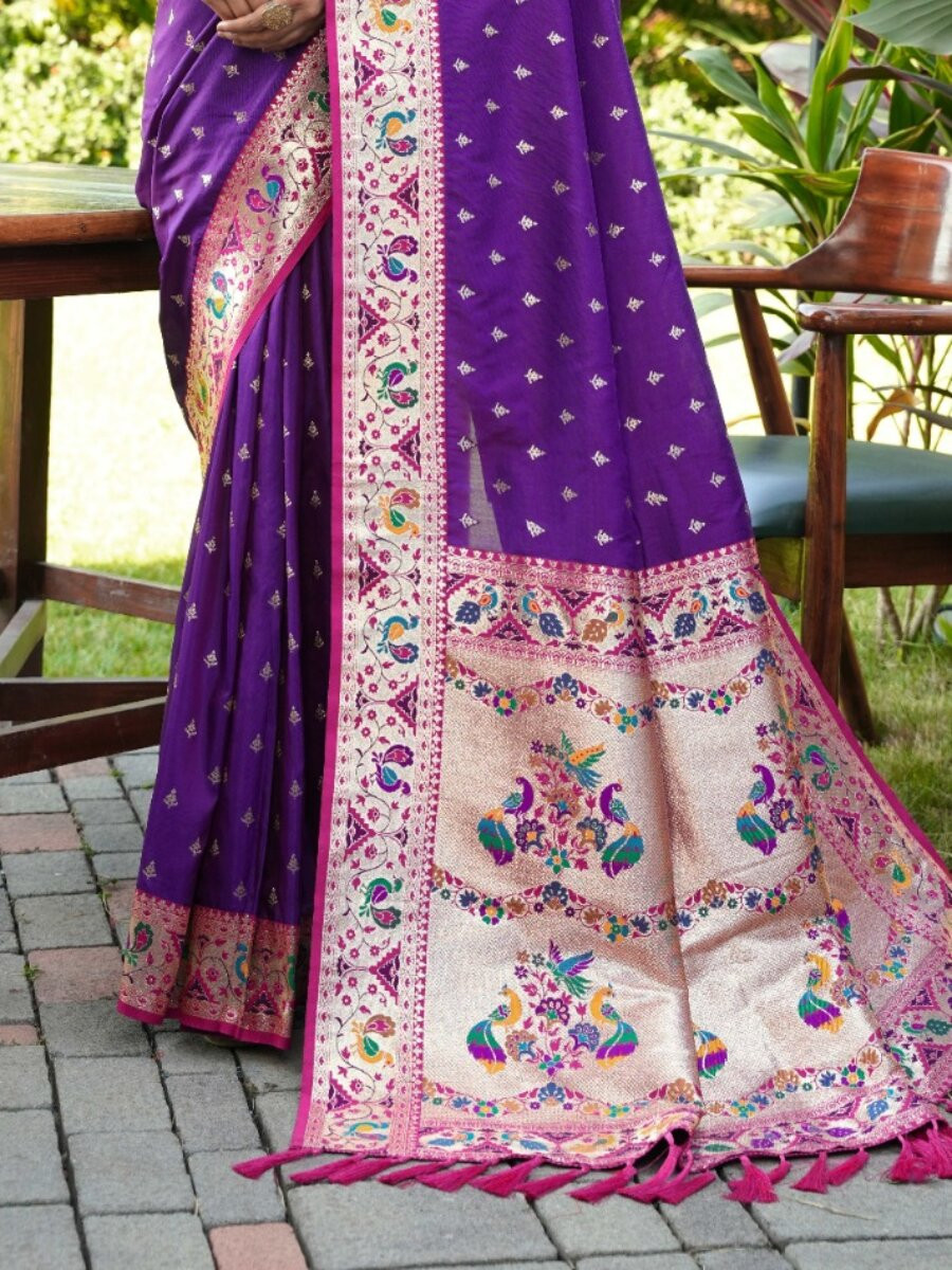 Purple Paithani Soft Silk Zari Woven Meenakari Peacock Paithani Pallu Wedding Reception Party Festival Casual Heavy Border Sarees