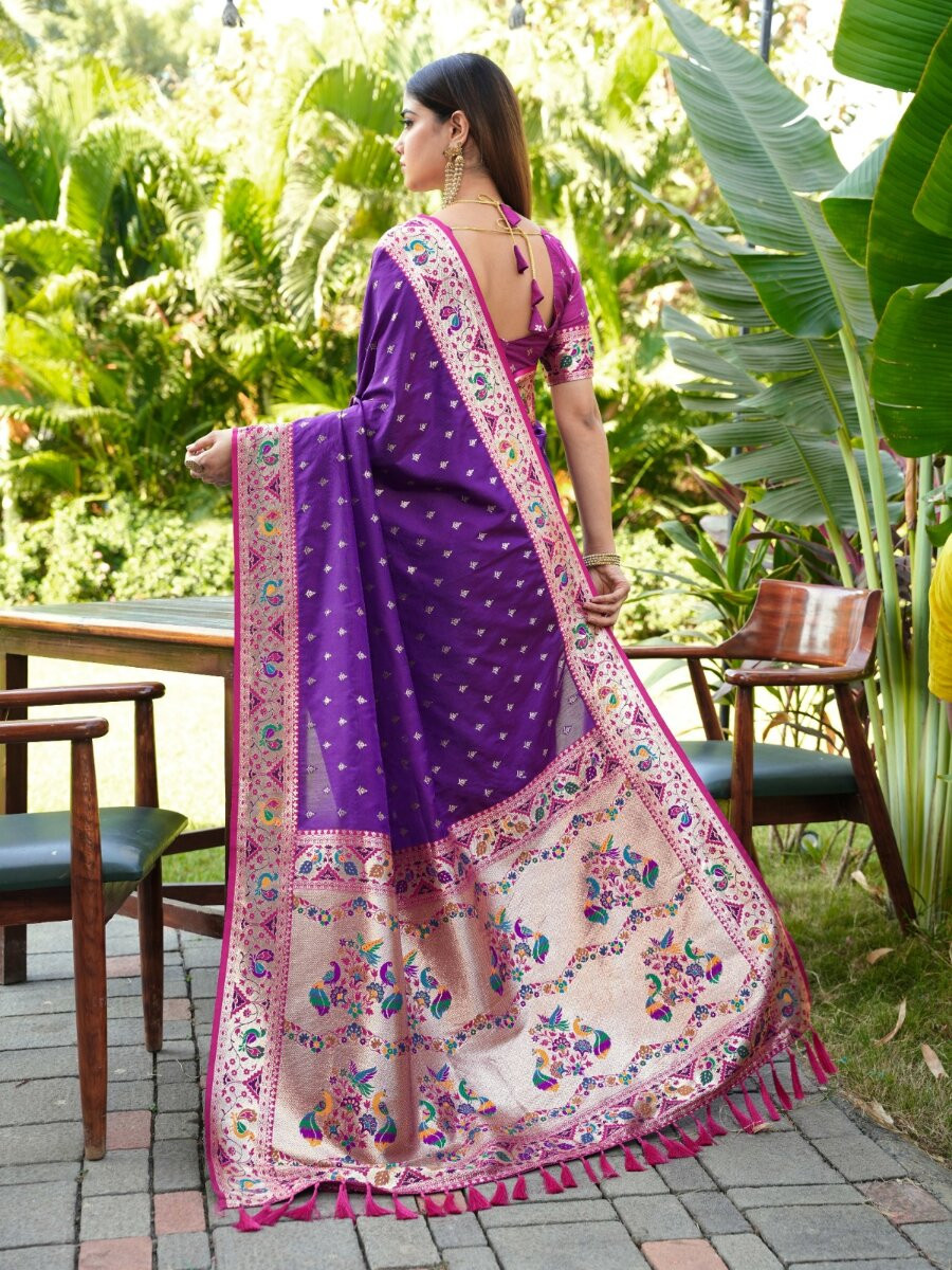 Purple Paithani Soft Silk Zari Woven Meenakari Peacock Paithani Pallu Wedding Reception Party Festival Casual Heavy Border Sarees