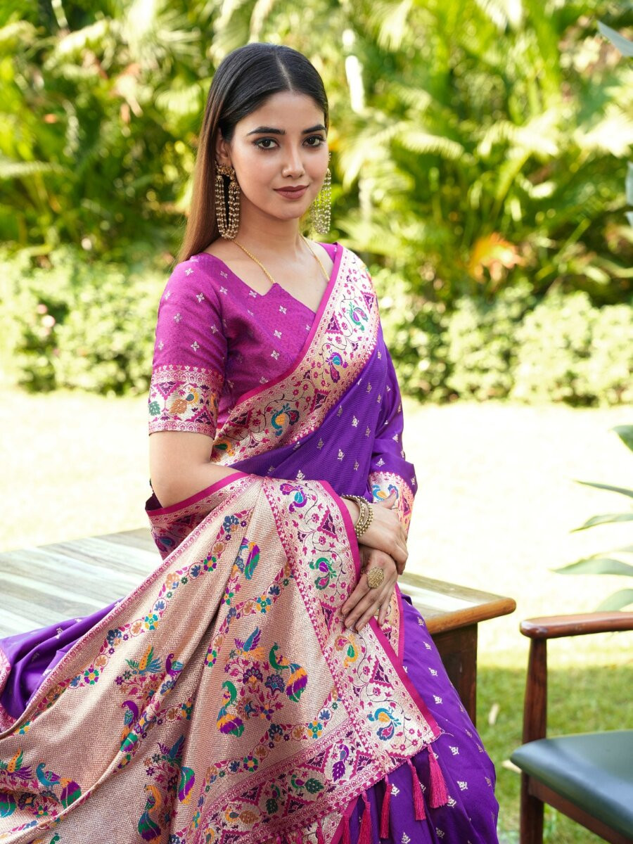 Purple Paithani Soft Silk Zari Woven Meenakari Peacock Paithani Pallu Wedding Reception Party Festival Casual Heavy Border Sarees