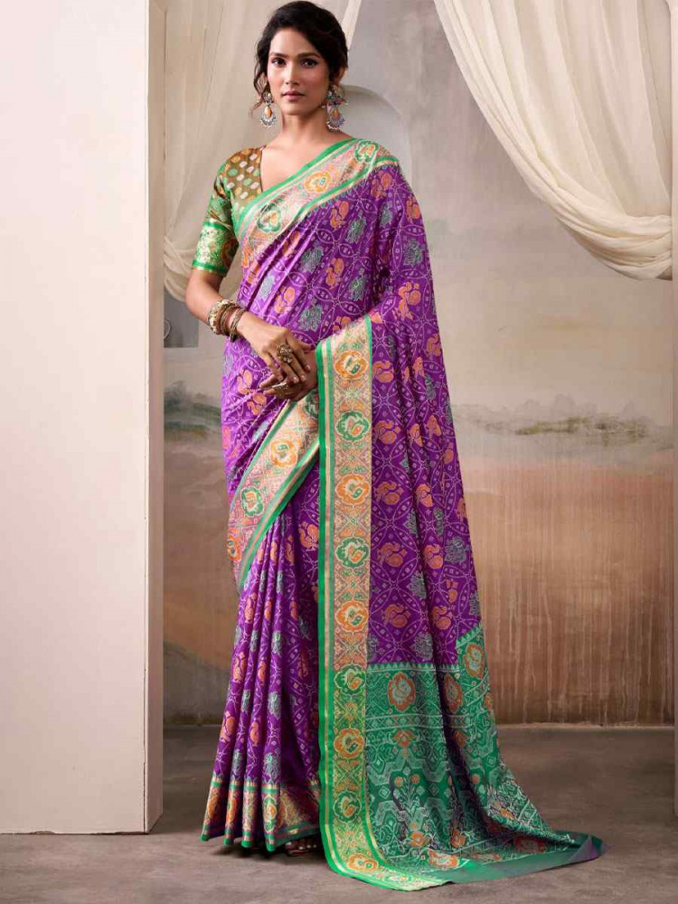 Image of Purple Patola Silk Handwoven Zari Bridal Reception Festival Wedding Fancy Heavy Border Saree