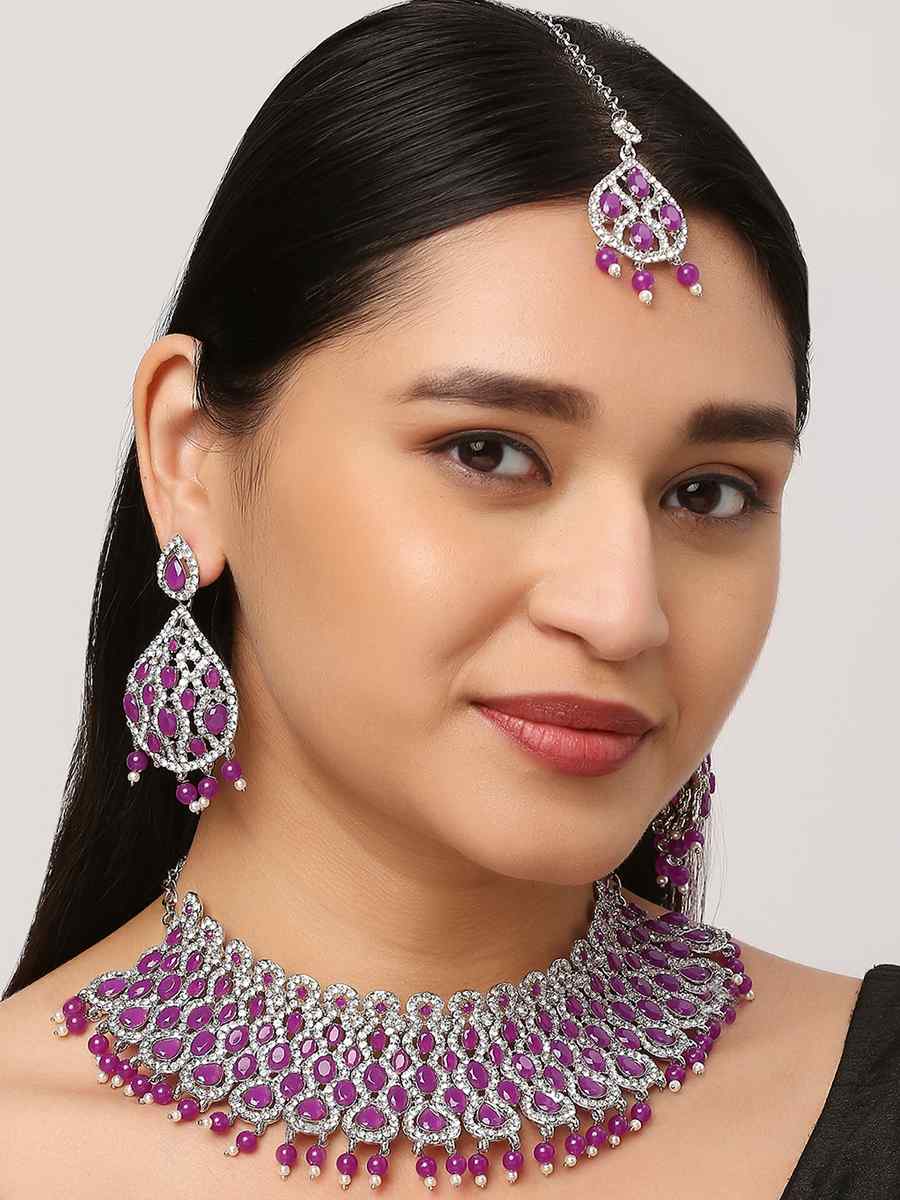 Purple Pink Alloy Wedding Wear Stone Necklace