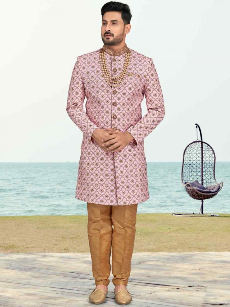 Purple Pink Banarasi Silk Embroidered Wedding Festival Sherwani