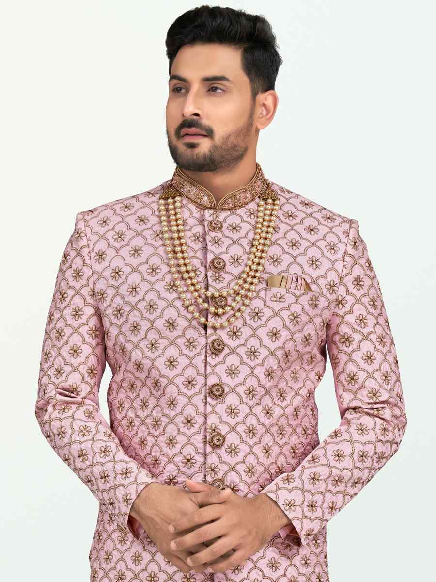 Purple Pink Banarasi Silk Embroidered Wedding Festival Sherwani