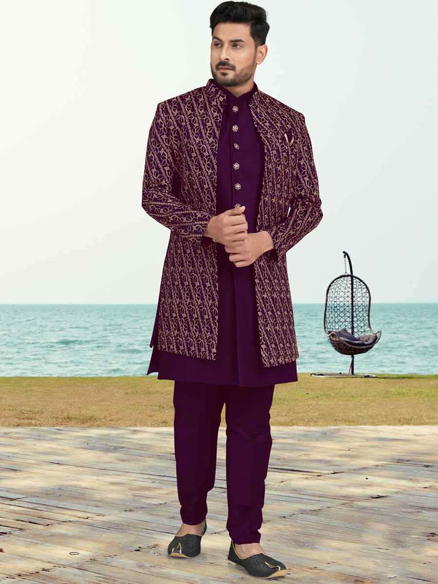 Purple Pink Banarasi Silk Embroidered Wedding Festival Sherwani