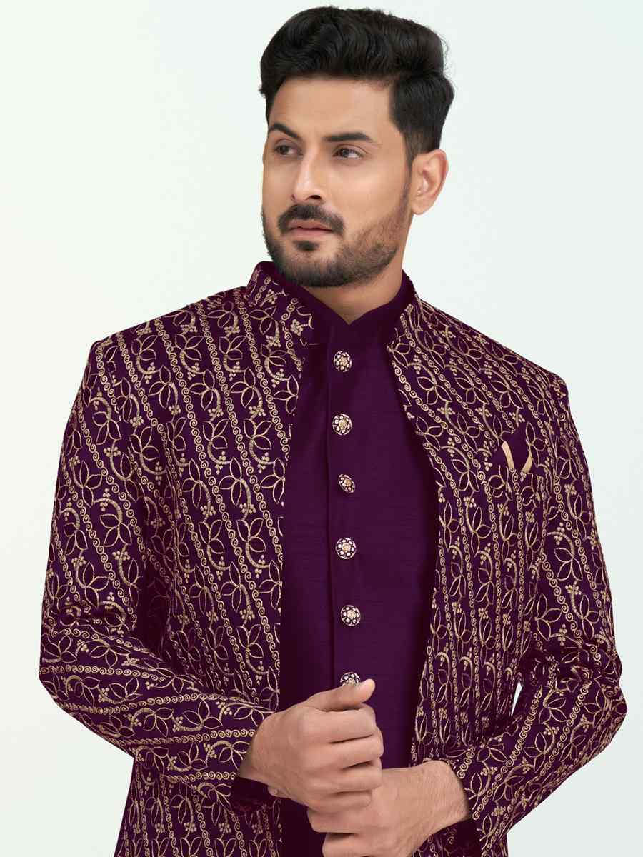 Purple Pink Banarasi Silk Embroidered Wedding Festival Sherwani