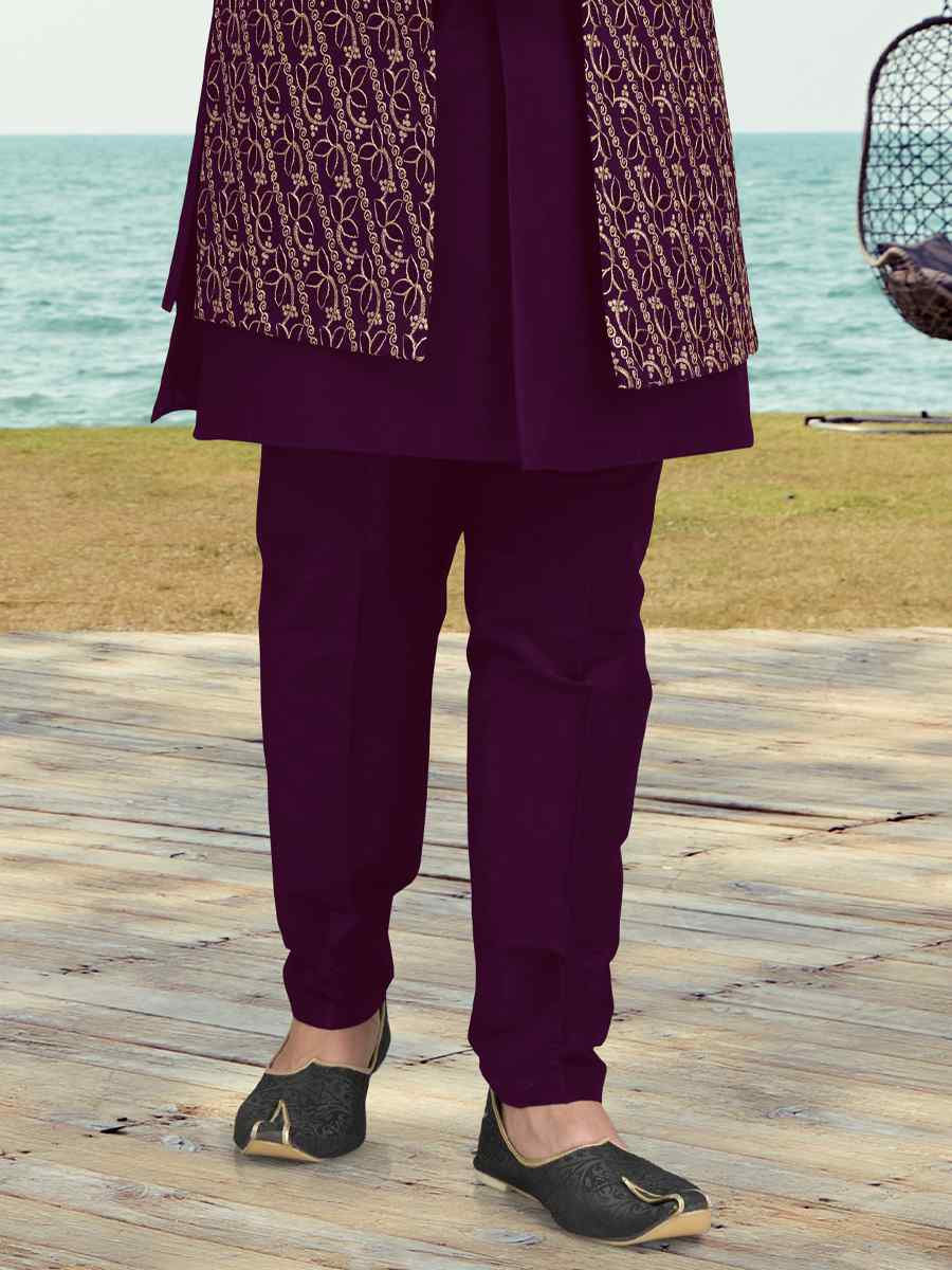 Purple Pink Banarasi Silk Embroidered Wedding Festival Sherwani