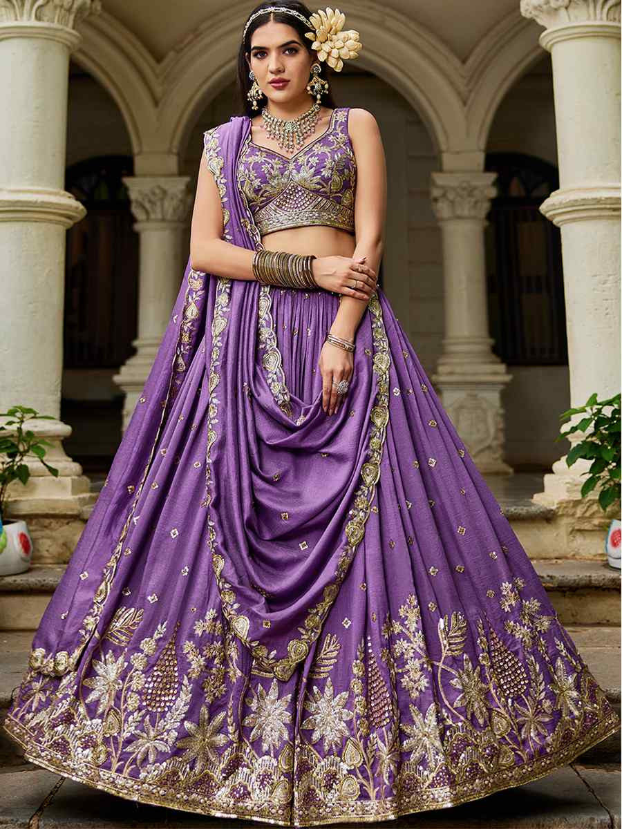 Purple Poly Georgette Embroidered Festival Reception Wedding Party Wear Heavy Border Lehenga Choli