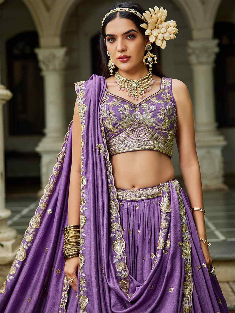 Purple Poly Georgette Embroidered Festival Reception Wedding Party Wear Heavy Border Lehenga Choli