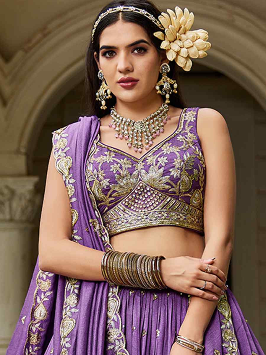 Purple Poly Georgette Embroidered Festival Reception Wedding Party Wear Heavy Border Lehenga Choli