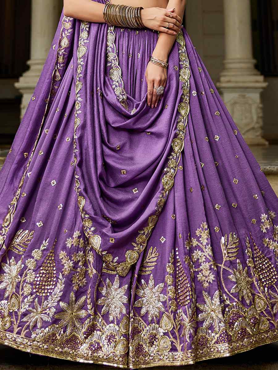 Purple Poly Georgette Embroidered Festival Reception Wedding Party Wear Heavy Border Lehenga Choli