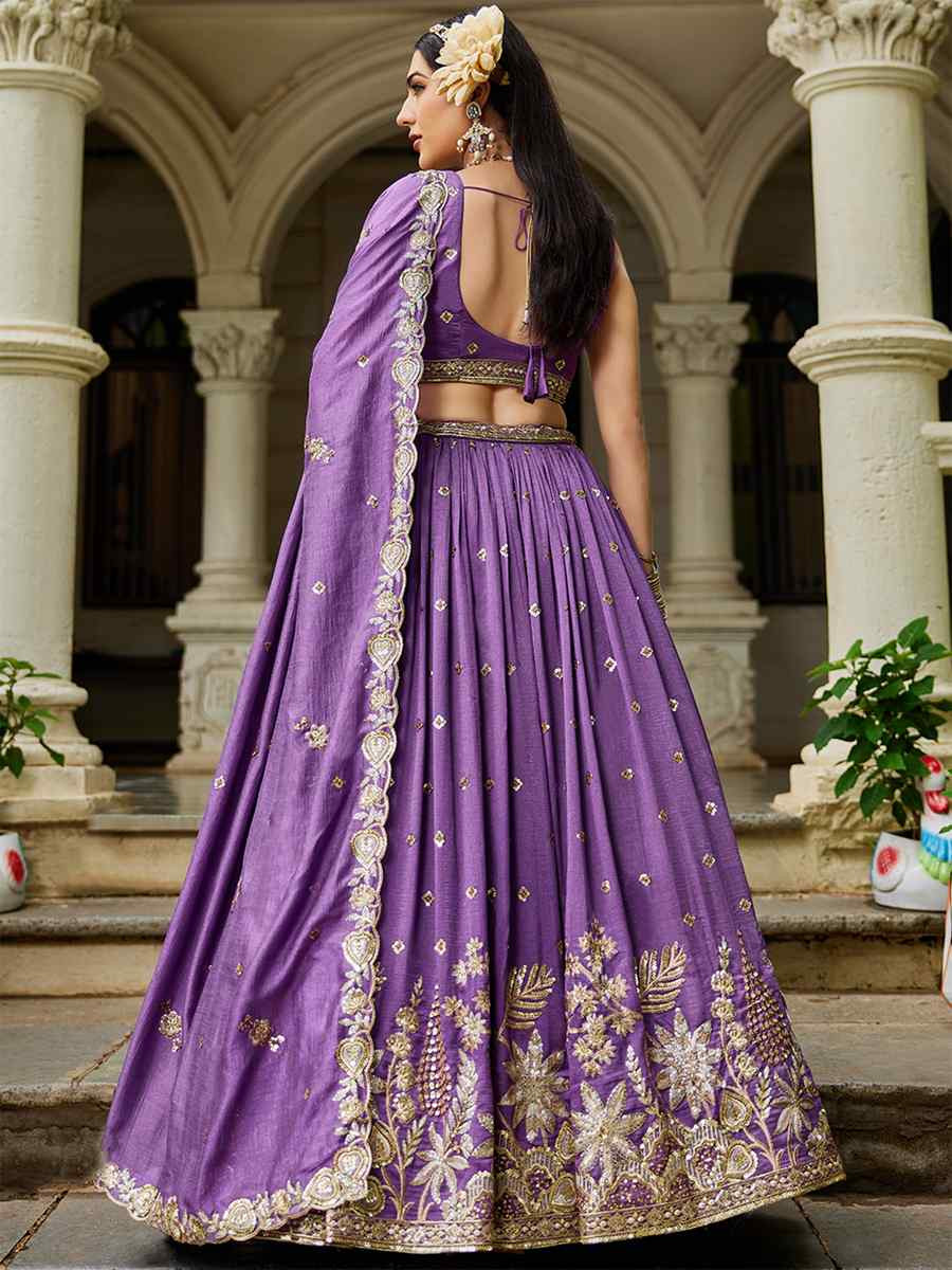 Purple Poly Georgette Embroidered Festival Reception Wedding Party Wear Heavy Border Lehenga Choli
