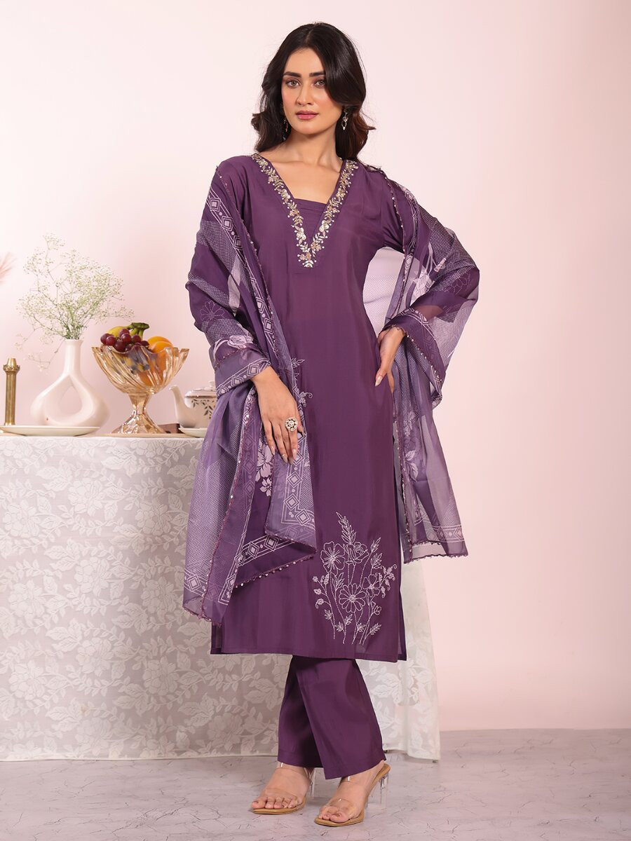 Purple Poly Silk Embroidery Wedding Party Festival Casual Ready Pant Salwar Kameez
