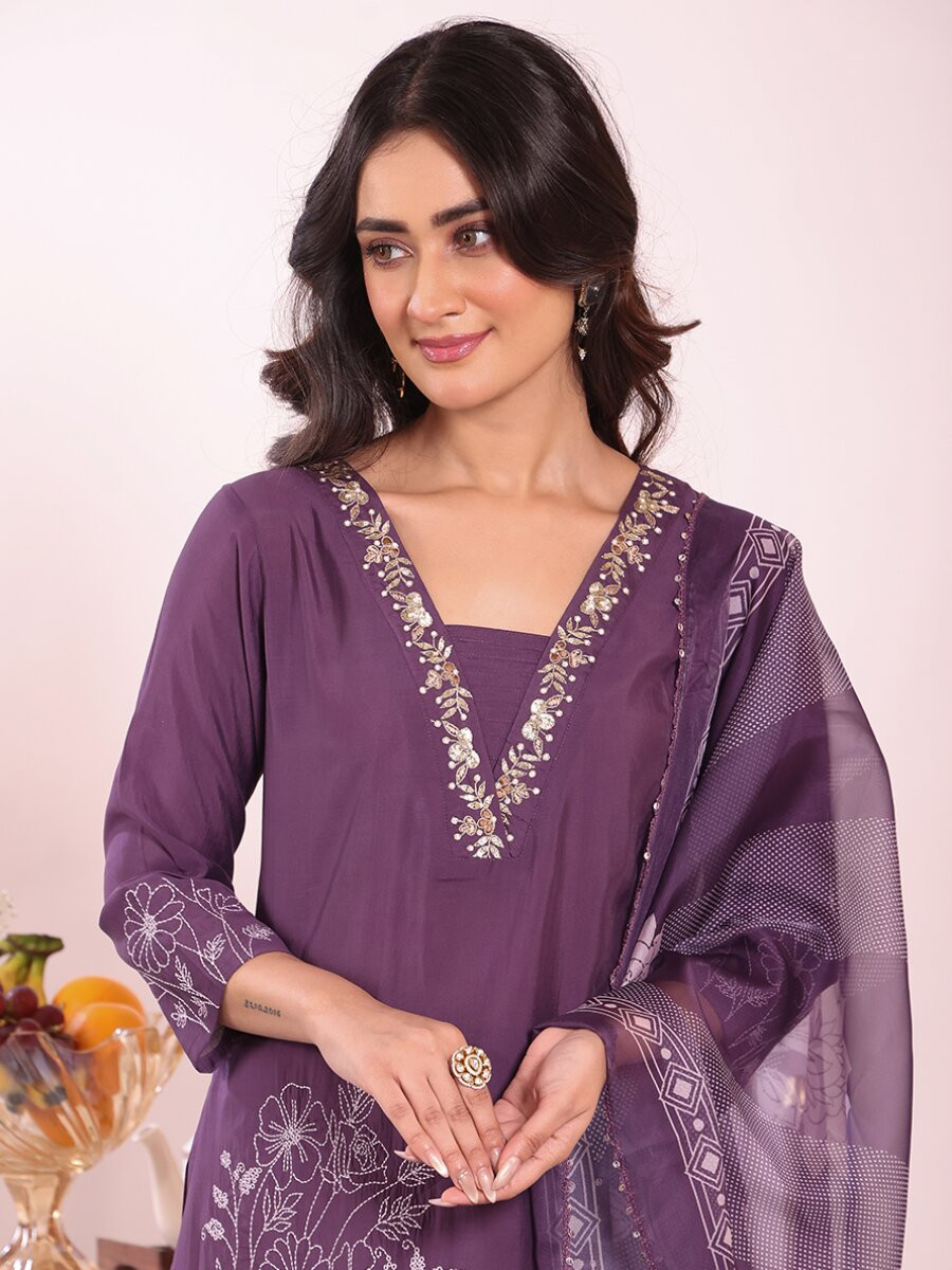 Purple Poly Silk Embroidery Wedding Party Festival Casual Ready Pant Salwar Kameez