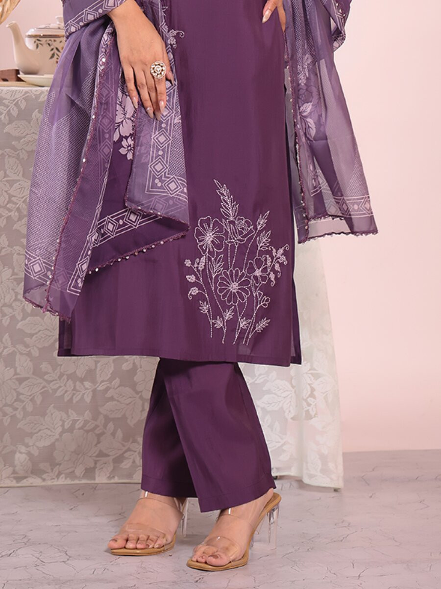 Purple Poly Silk Embroidery Wedding Party Festival Casual Ready Pant Salwar Kameez