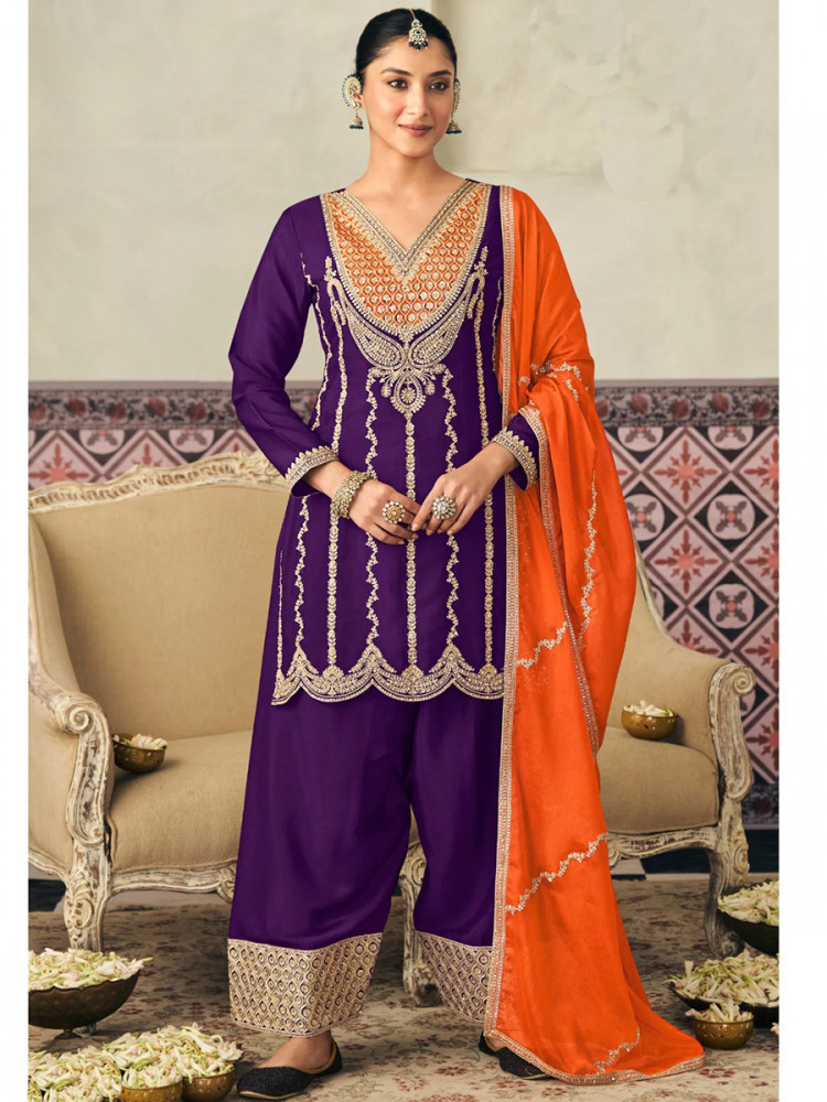 Image of Purple Premium Blooming Chinon Embroidery Sequins Zari Wedding Party Festival Palazzo Pant Salwar Kameez