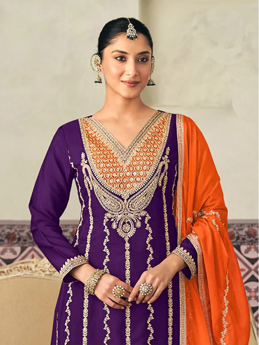 Purple Premium Blooming Chinon Embroidery Sequins Zari Wedding Party Festival Palazzo Pant Salwar Kameez