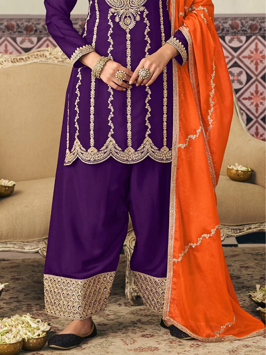 Purple Premium Blooming Chinon Embroidery Sequins Zari Wedding Party Festival Palazzo Pant Salwar Kameez