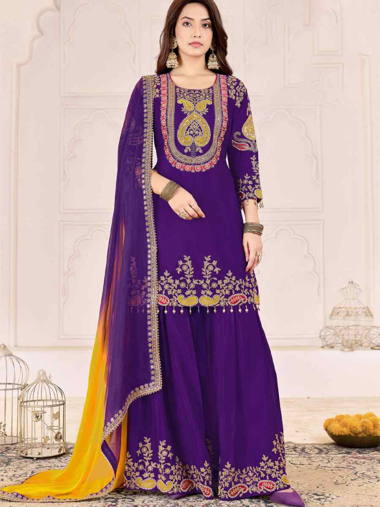 Image of Purple Premium Chinnon Embroidery Party Wedding Festival Casual Ready Palazzo Pant Salwar Kameez