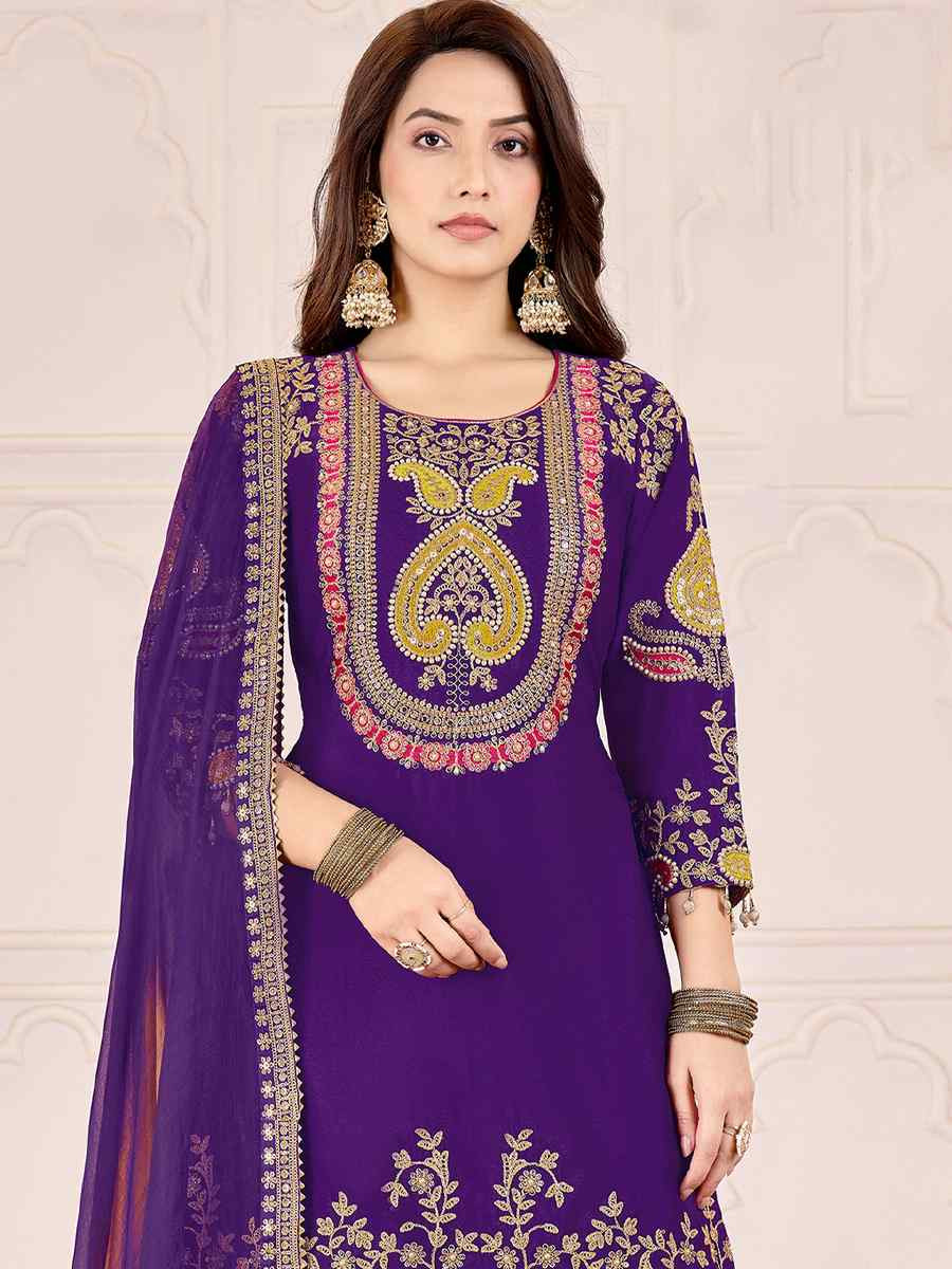 Purple Premium Chinnon Embroidery Party Wedding Festival Casual Ready Palazzo Pant Salwar Kameez